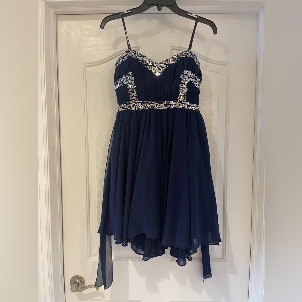 Navy blue and sequin junior prom dress